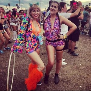 Orange Blacklight Floral Rave Costume Onesie with Flare Bell Sleeves